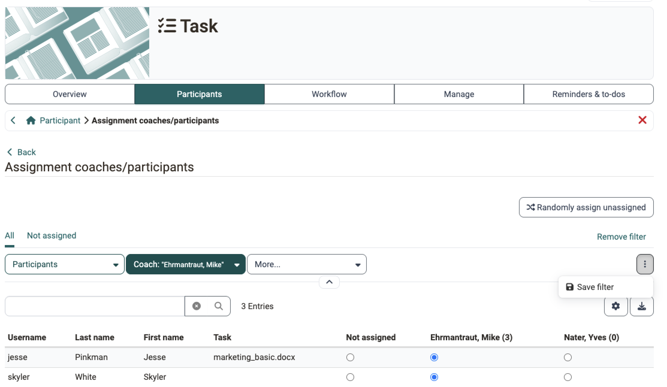 A matrix assigns each row with username, last name, first name and task a column per coach, with the number of assignments in brackets; top right the menu with the action "Save filter", above it "Randomly assign unassigned": page Assignment coaches/participants in the tab Participants