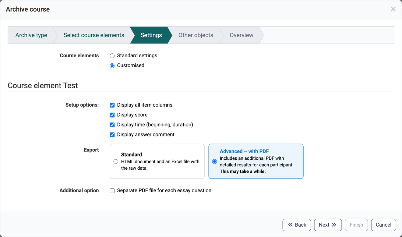 Export as Standard or Advanced with PDF, plus a separate PDF file for each essay question
