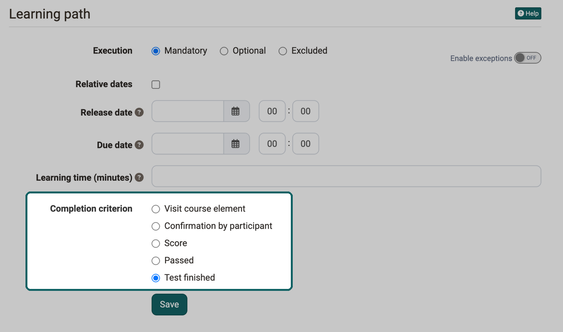 Field Completion criterion with five options marked, Test finished selected