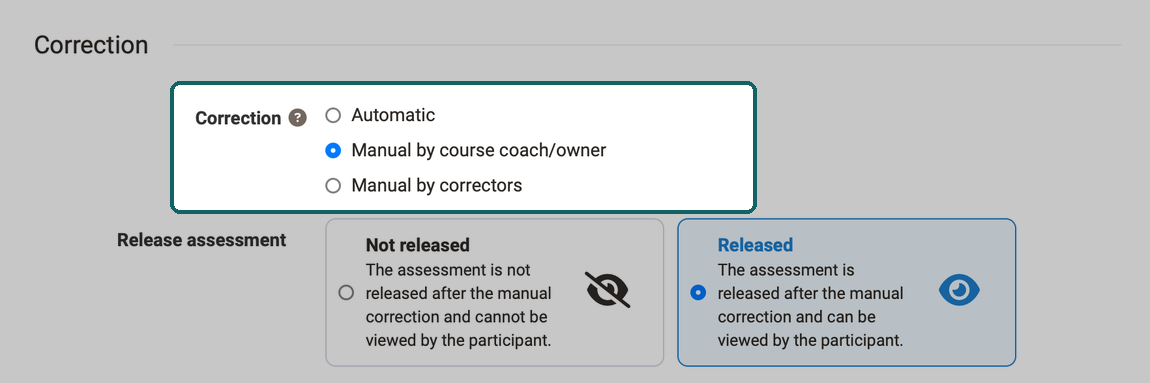 Field Correction with three options marked, manual correction by course coach/owner selected, below it Release assessment
