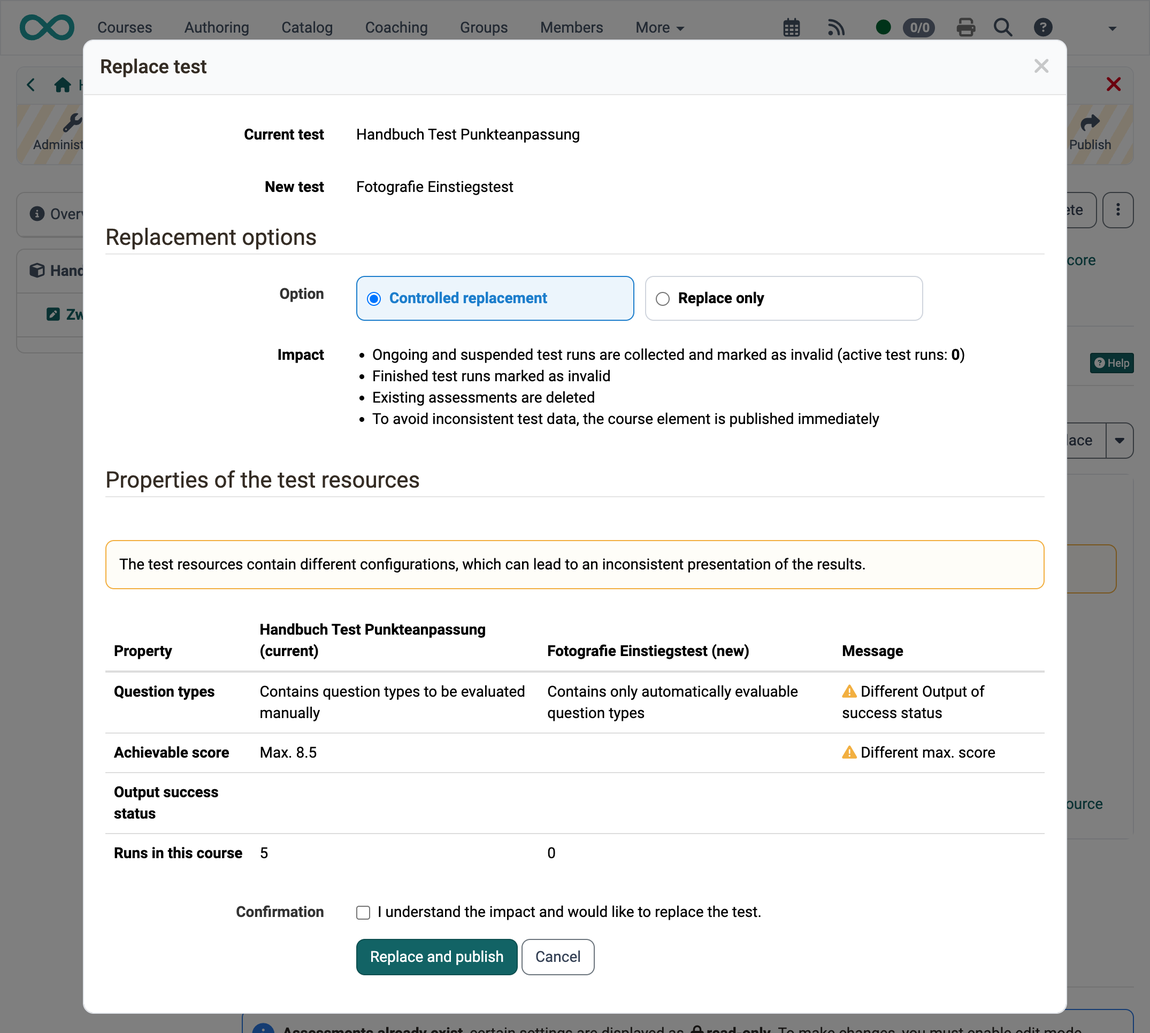 Replacement options and comparison of the properties of the current and the new test with messages on question types, score and success status