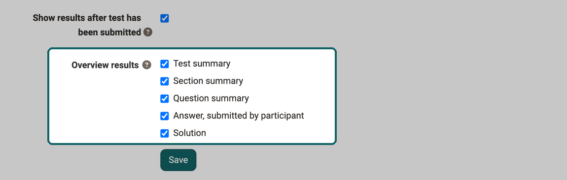 Five checkboxes under Overview results marked, from Test summary to Solution