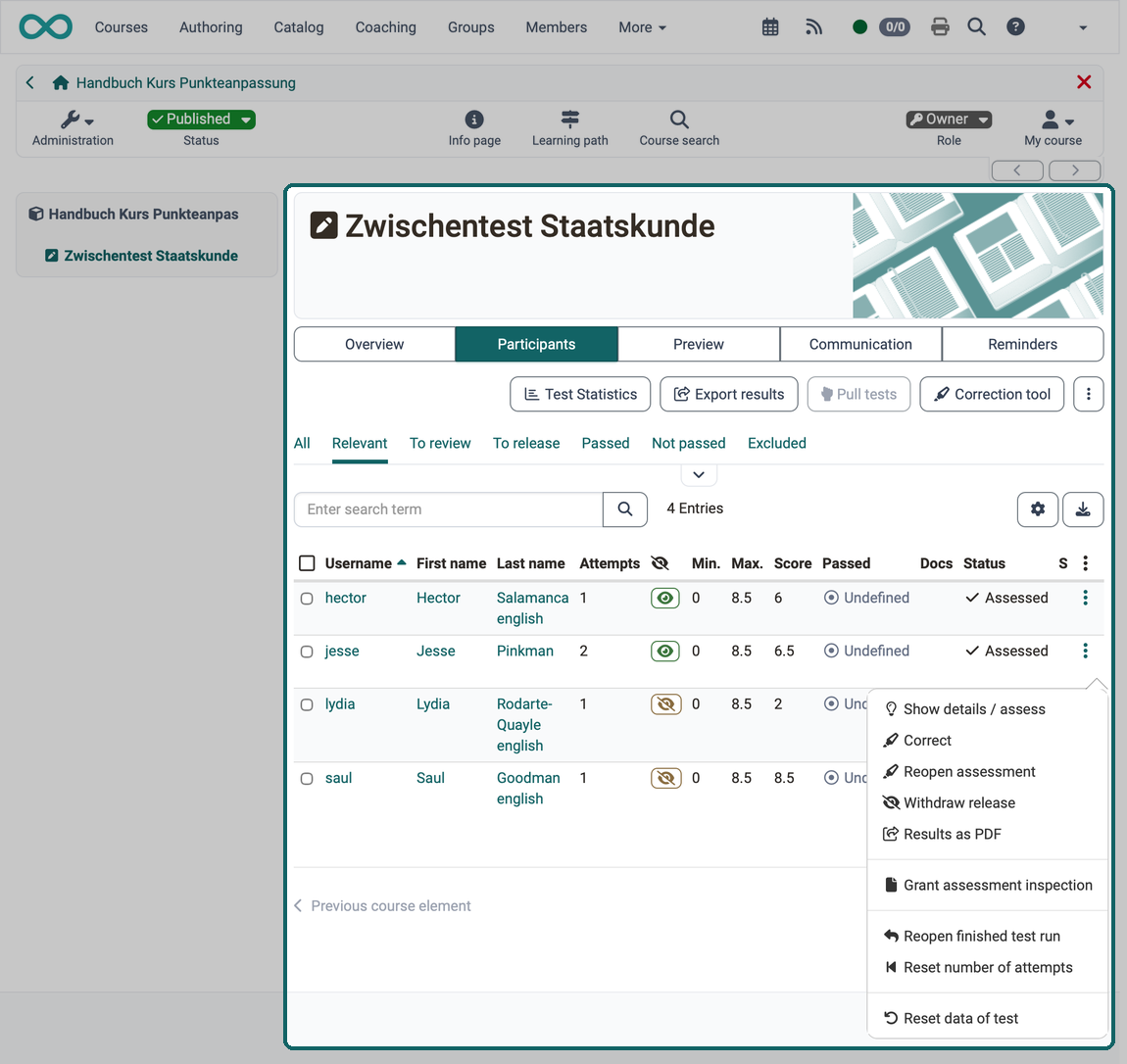 Participants with attempts, score and status as well as an open row menu with the assessment actions
