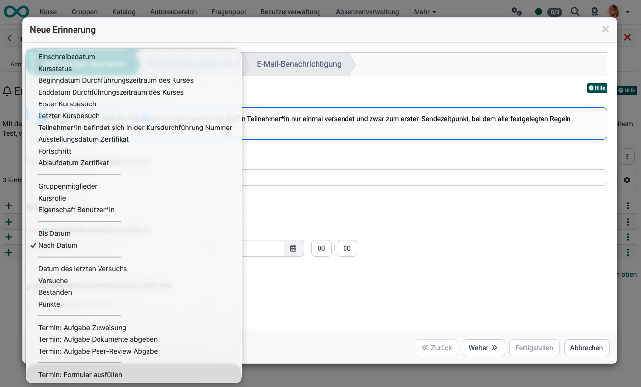Drop-down list of the selectable conditions for a reminder, e.g. date of registration or course status