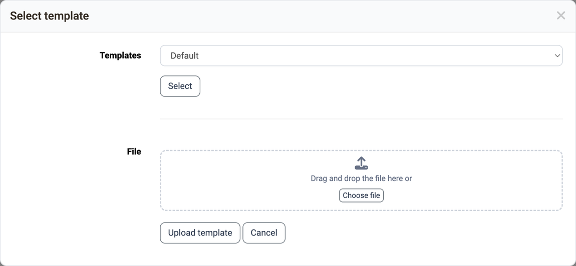 Templates list with the Default entry and the File area for uploading your own template, in the Select template dialog