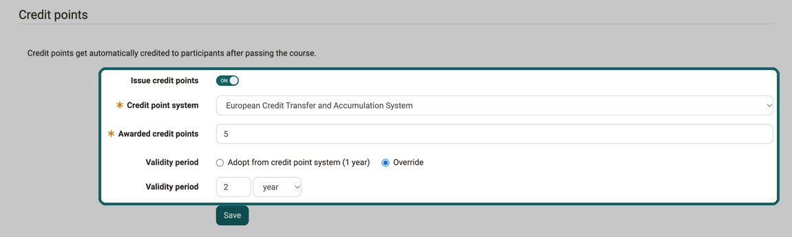 Credit points section · 2026.10.08 Enabled switch Issue credit points with credit point system, awarded credit points and overridden validity period