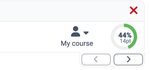 Progress display next to the My course menu with 44 % learning progress and an additional 14 points