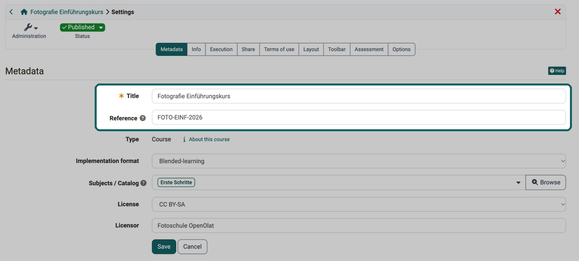 Title and reference as the first fields in the Metadata tab, which comes first in the settings