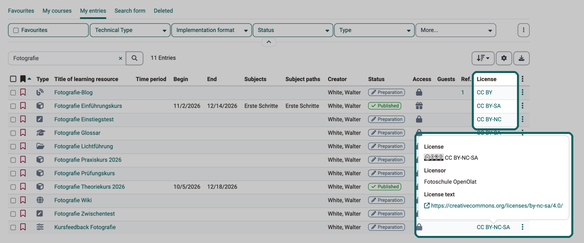 The License column, once shown, lists the license name of each learning resource, and a click on it opens the window with license, licensor and link to the license text