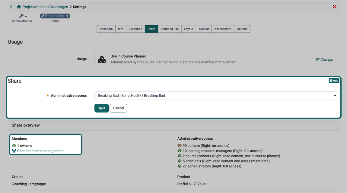 With Use in Course Planner only the administrative access remains in the Share section, and the share overview counts only the owners as members