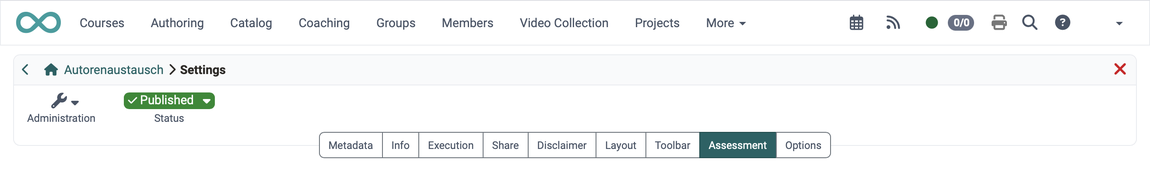 Assessment tab in the course settings · 2026.10.02 Tab "Assessment" active, eighth in the tab bar