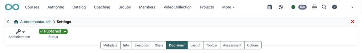 Disclaimer tab in the course settings · 2026.10.02 Tab "Disclaimer" active, fifth in the tab bar