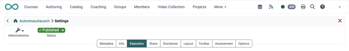 Execution tab in the course settings · 2026.10.02 Tab "Execution" active, third in the tab bar