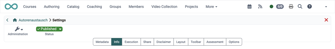 Info tab in the course settings · 2026.10.02 Tab "Info" active, second in the tab bar