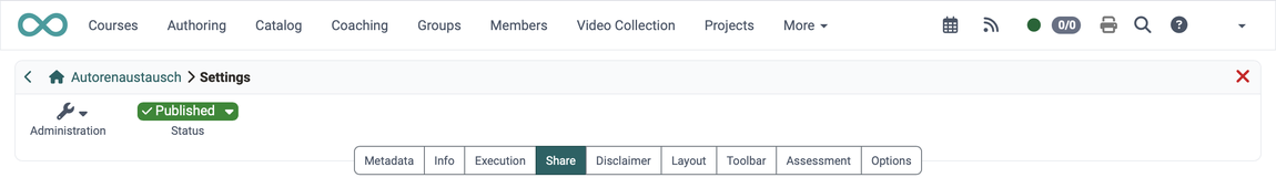 Share tab in the course settings · 2026.10.02 Tab "Share" active, fourth in the tab bar