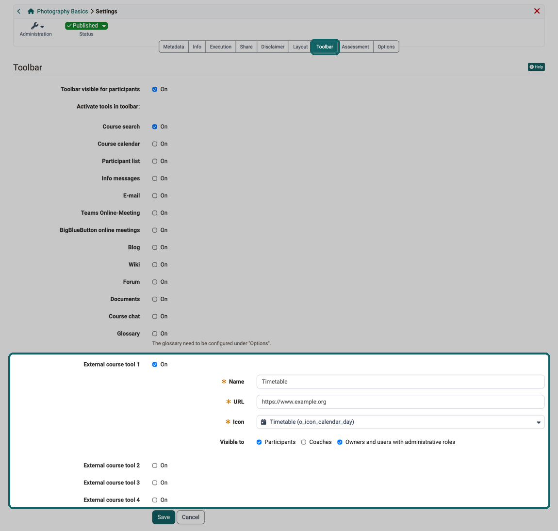 Toolbar tab and the rows External course tool 1 to 4 highlighted, course tool 1 switched on with Name, URL, Icon and Visible to filled in