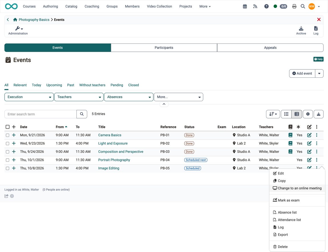 The 3-dot menu of a scheduled event offers Edit, Copy, Change to an online meeting, Mark as exam, the lists, Log, Export and Delete, in the course toolbar under Events