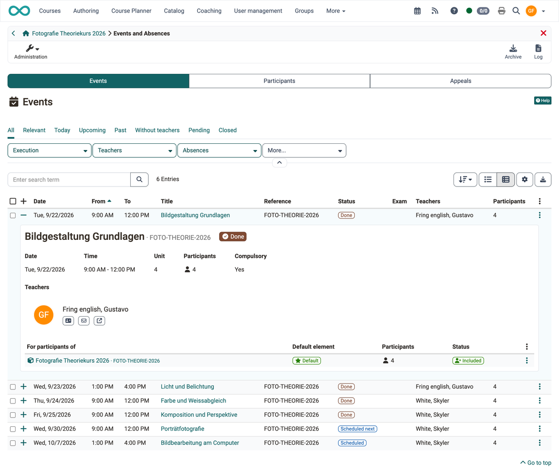 The event management for course owners with the tabs Events, Participants and Appeals and the expanded detail view of an event, in a course of an implementation