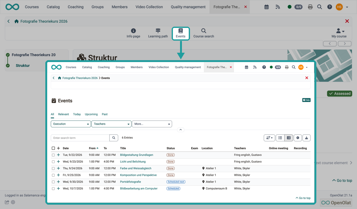 Participants open the course's event list via the toolbar icon "Events", with date, time, title, status, location and teachers