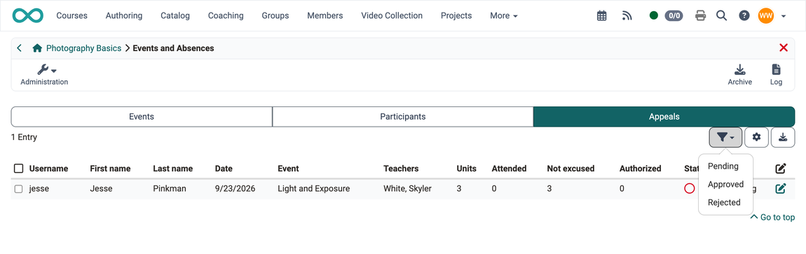 The "Appeals" tab lists submitted appeals and offers a filter by Pending, Approved and Rejected