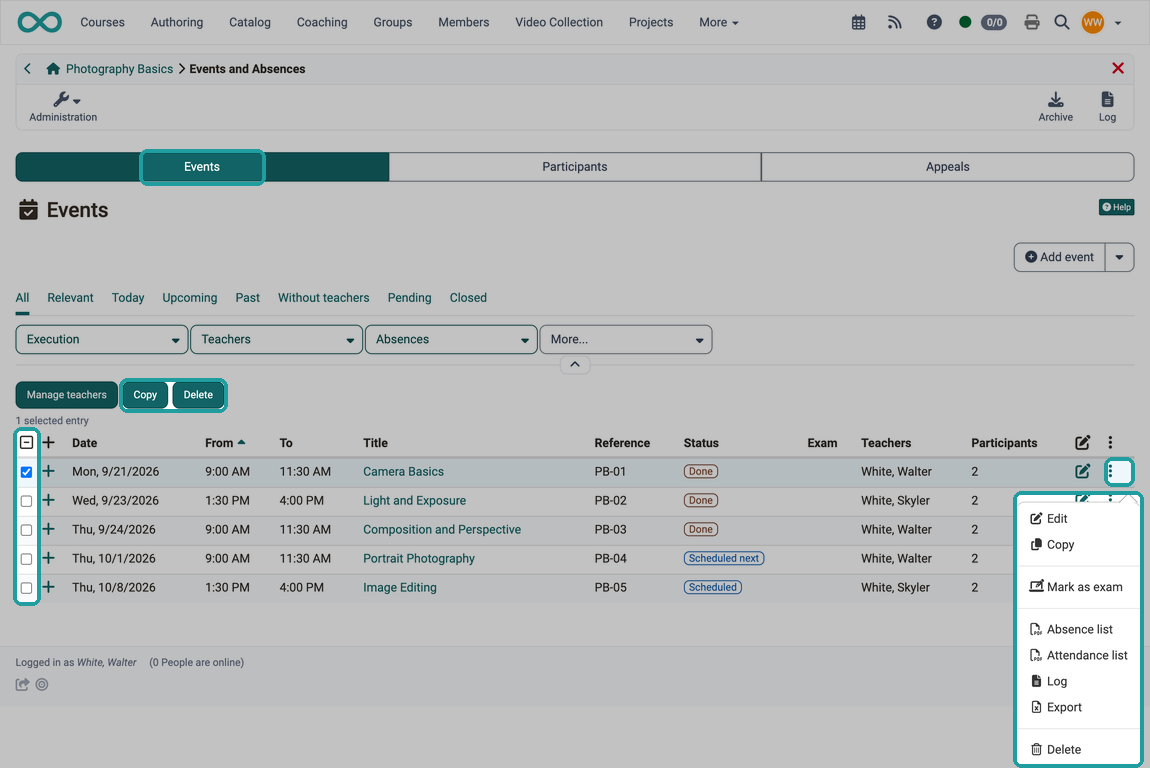 With an event selected, the buttons "Copy" and "Delete" appear above the list; the same options are available in the 3-dot menu at the end of the line