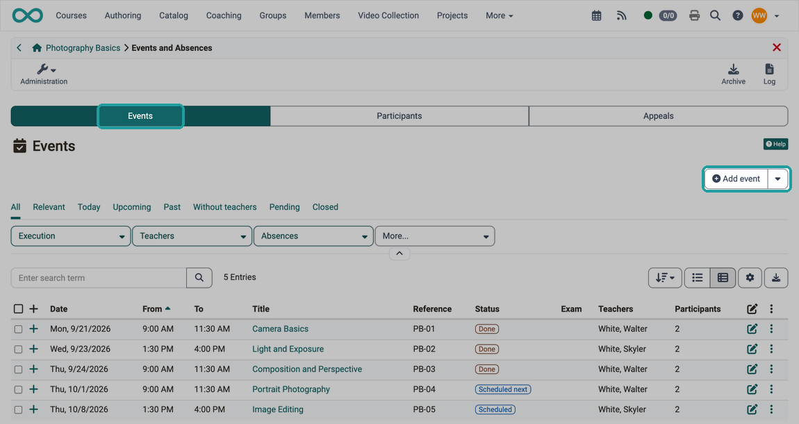 The "Add event" button at the top right above the event list in the "Events" tab of a standalone course
