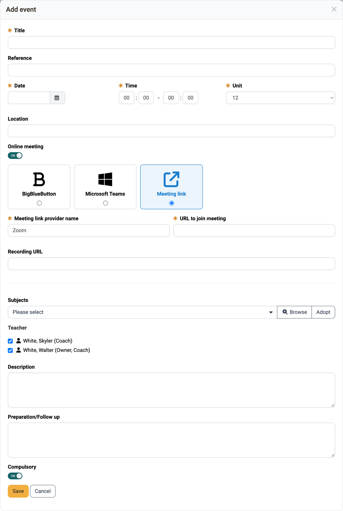 Input mask for a new event with the mandatory fields Title, Date, Time and Unit, the toggle Online meeting with Meeting link and the switch Compulsory, popup Add event in the course