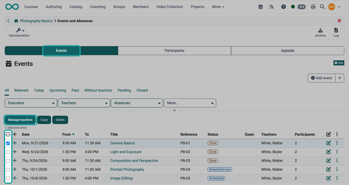 With an event selected, the button "Manage teachers" appears above the event list next to the buttons "Copy" and "Delete"