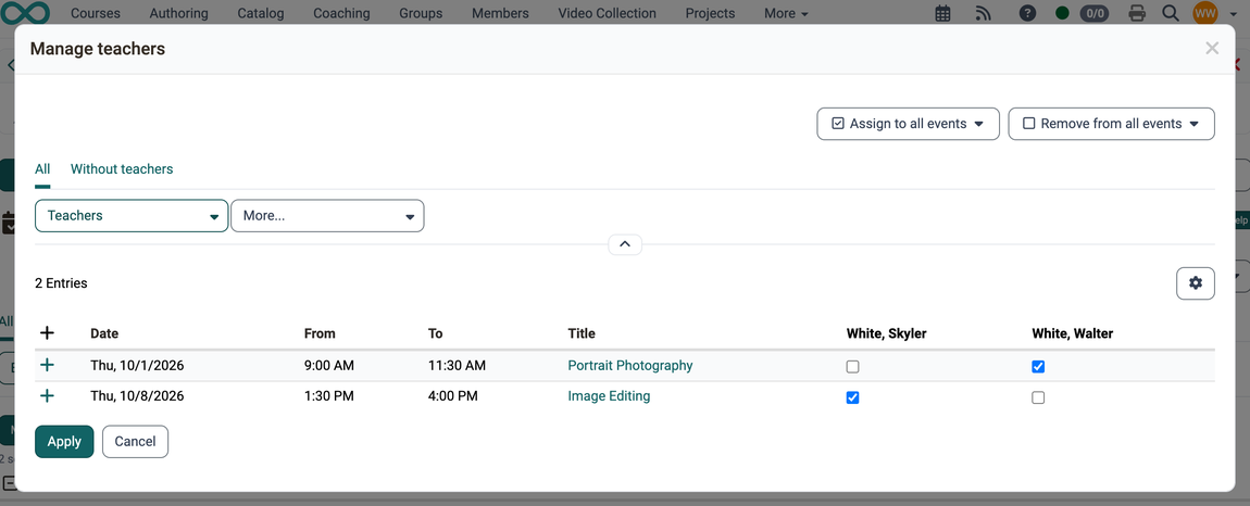 In the "Manage teachers" dialog, teachers are assigned to or removed from individual events via checkbox or from all events via the buttons