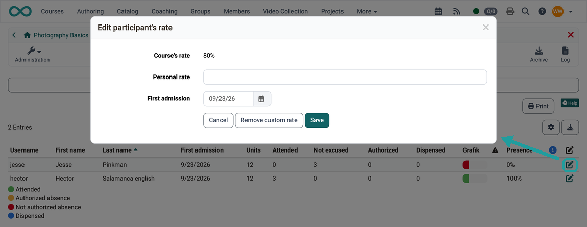 In the "Edit participant's rate" dialog, the personal rate and the first admission of a person are adjusted; the course's rate is displayed
