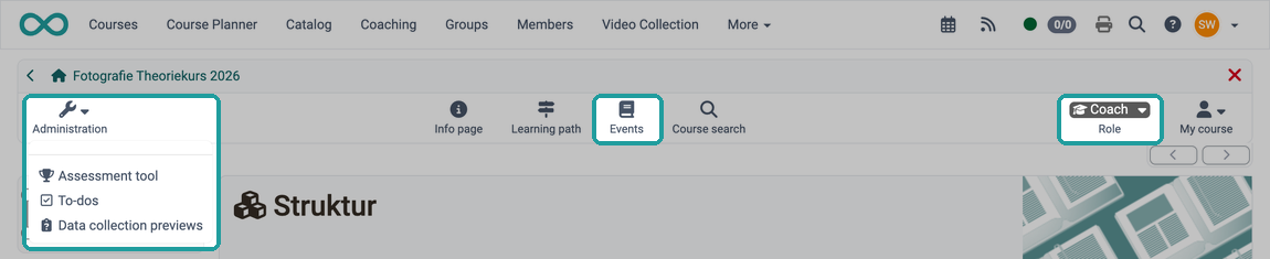 Coaches with the role "Coach" reach the events only via the toolbar icon "Events"; their Administration menu contains no entry "Events and Absences"