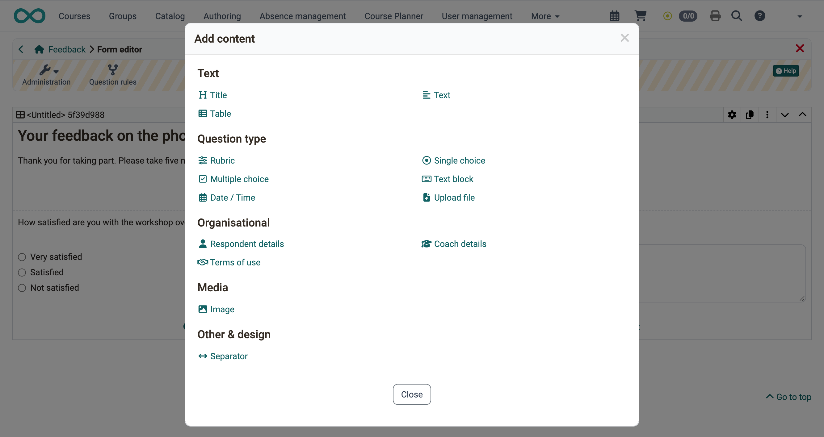 Dialog Add content in the form editor · 2026.10.21 Content elements in the groups Text, Question type, Organisational, Media and Other & design