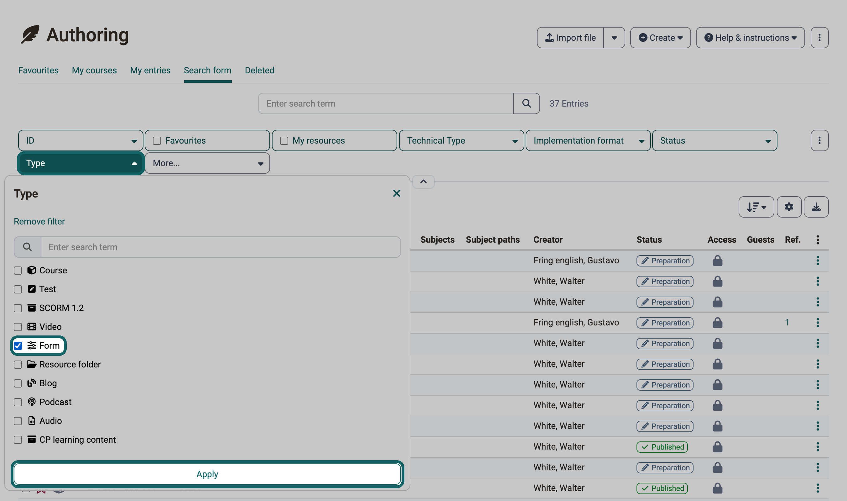 Tab Search form in the authoring area · 2026.10.21 Filter Type expanded, highlighted are the filter Type, the ticked entry Form and the button Apply