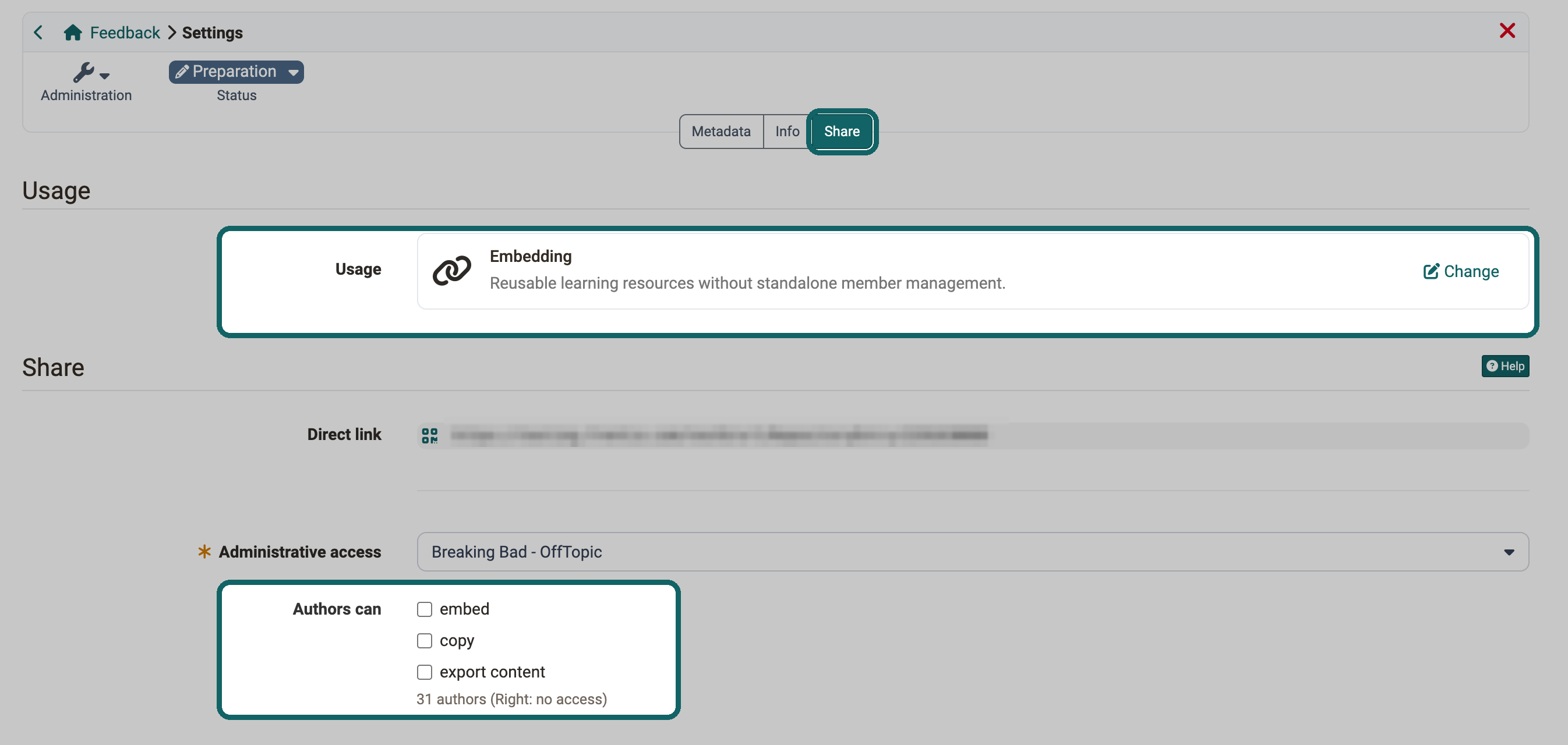 In the Share tab, the Usage section shows the usage Embedding with the Change button; below it, under Authors can, you allow others to embed the resource
