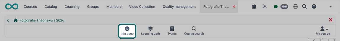 Link Info page with info icon highlighted as the first tool, next to it Learning path, Events and Course search
