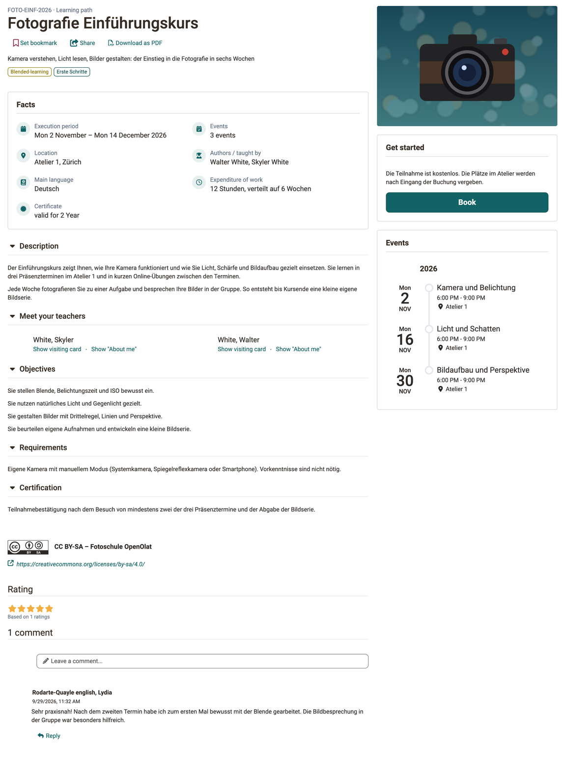 Info page of a course with actions, facts, sections, Get started with booking, events, license, rating and comment