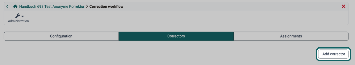 Button "Add corrector" highlighted, above it the tabs "Configuration", "Correctors" and "Assignments"