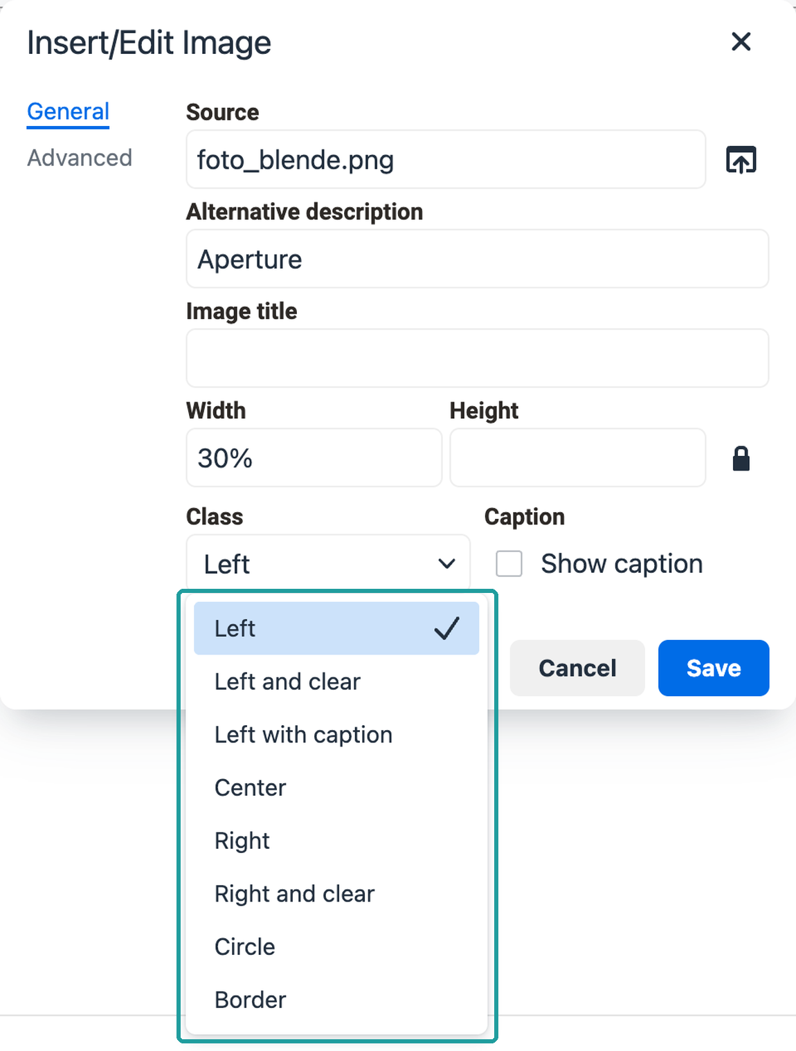 Class list opened with Left, Center and Right, in the General tab of the dialog for inserting an image