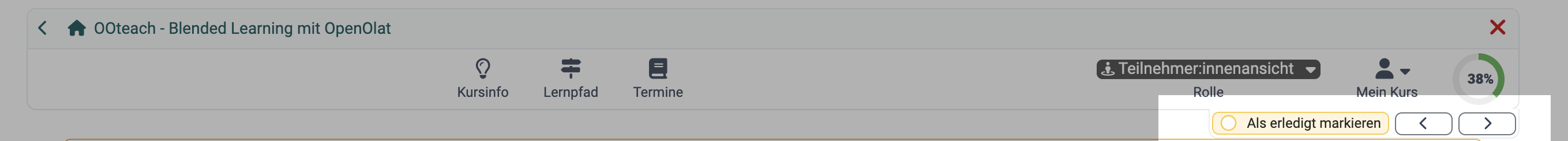 Toggle button Mark as done next to the arrow navigation, in the course toolbar of the participant view