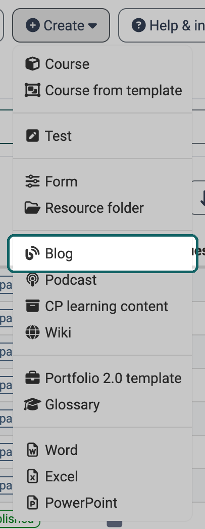 Entry Blog with the blog icon highlighted in the Create menu of the authoring area