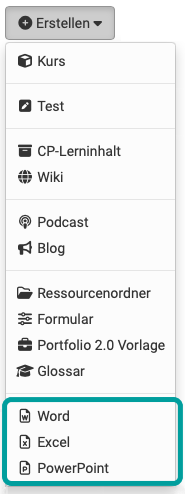 Entries Word, Excel and PowerPoint highlighted at the end of the Create menu in the authoring area