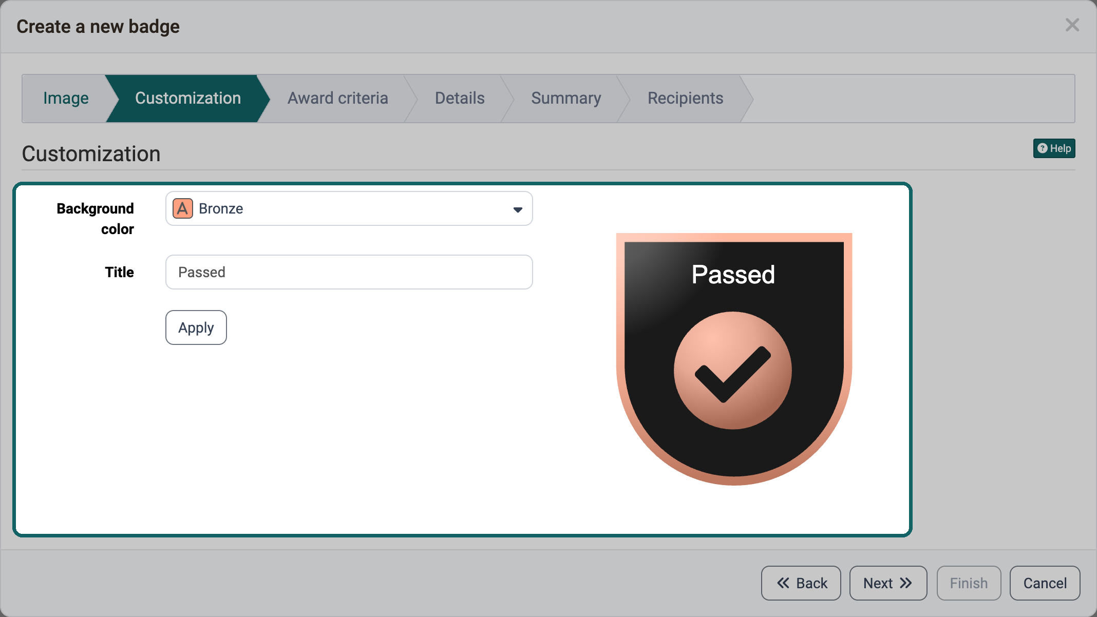 Step Customization in the wizard for course badges · 2026.10.22 Background color Bronze and title Passed with preview, so you see the finished badge before you continue