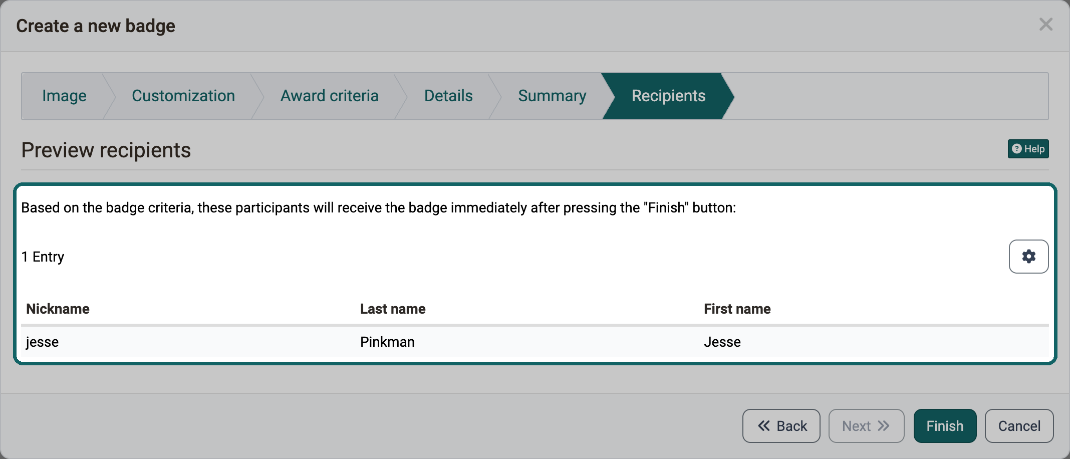 Step Recipients in the wizard for course badges · 2026.10.22 Recipients preview with the list of participants who receive the badge immediately after Finish, so you see before completing to whom the badge goes