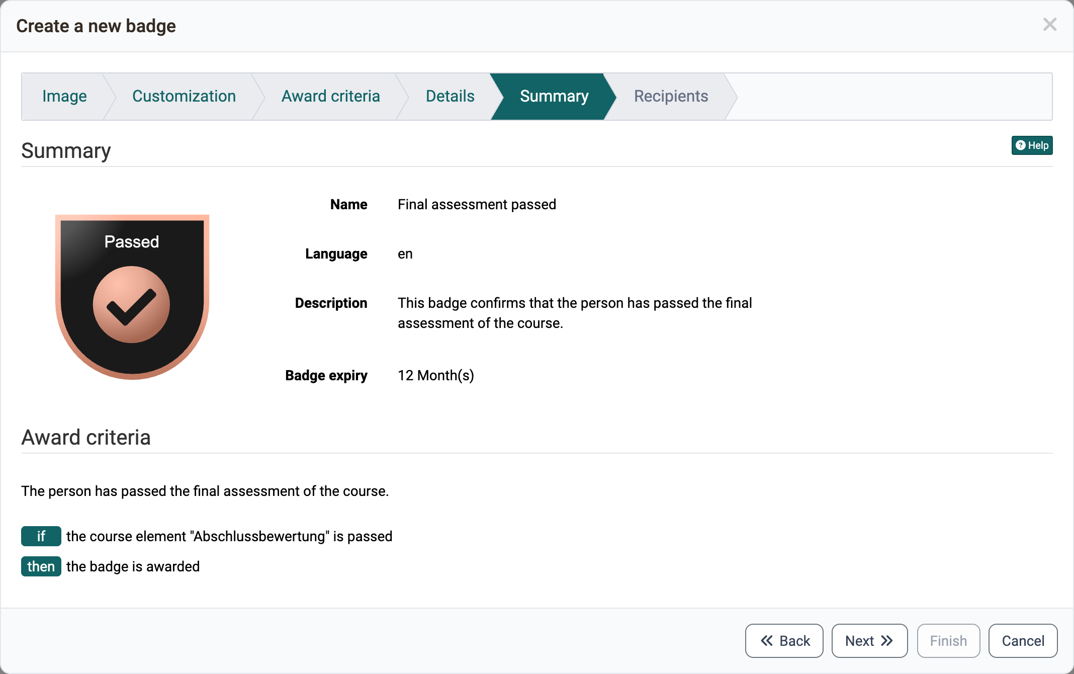 Step Summary in the wizard for course badges · 2026.10.22 Badge image, name, language, description, badge expiry after 12 months and the rule, if the course element is passed, then the badge is awarded