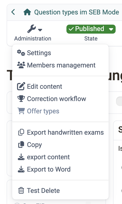Expanded Administration menu of a test learning resource with the entries Settings, Members management, Edit content, Correction workflow, Offer types, Export handwritten exams, Copy, export content, Export to Word and Test Delete.