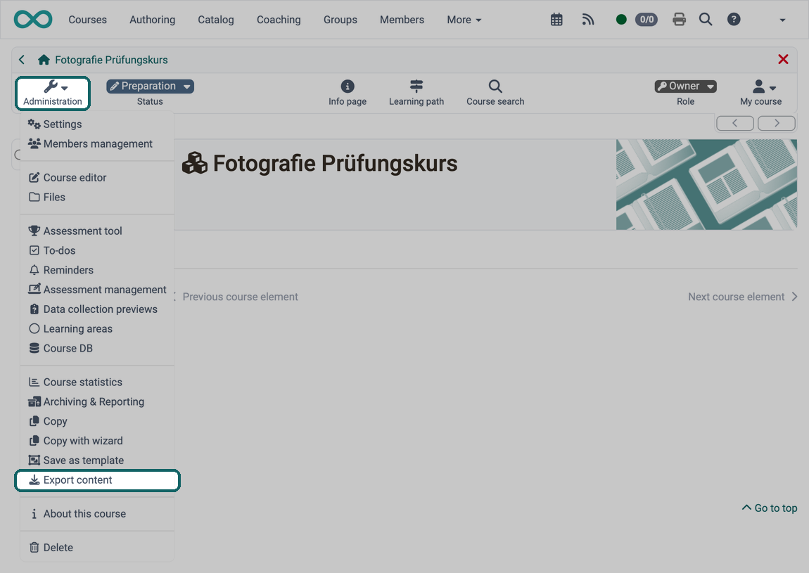 Menu item Export content marked in the open Administration menu, which exports the entire course as a zip file