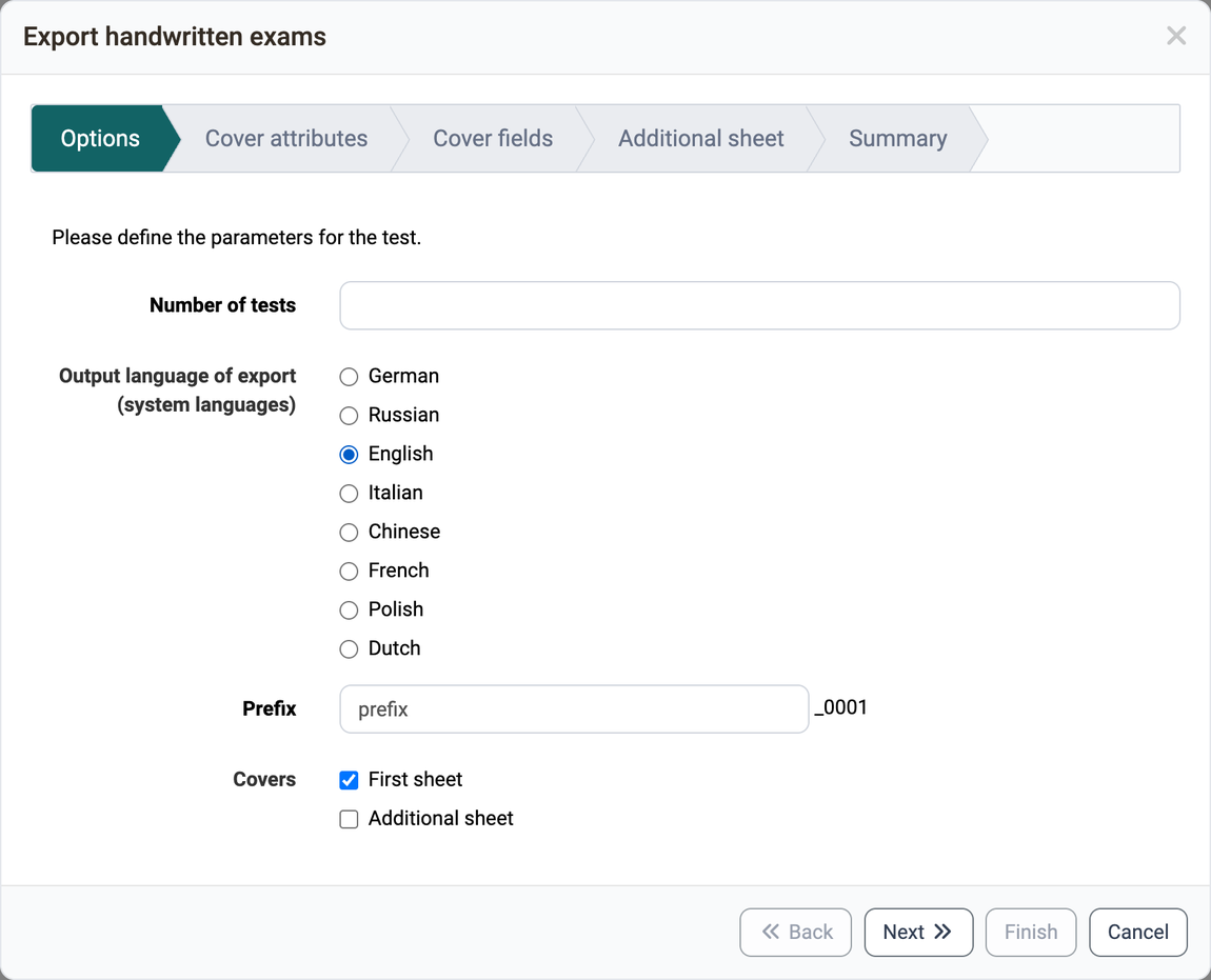 Mandatory fields Number of tests and Prefix, below them the choice of language and under Covers the options First sheet and Additional sheet