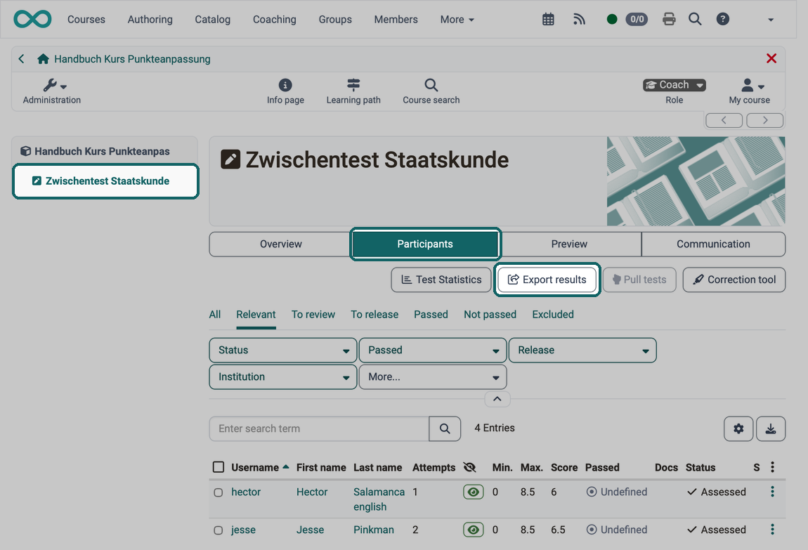 Export results button above the list of participants marked