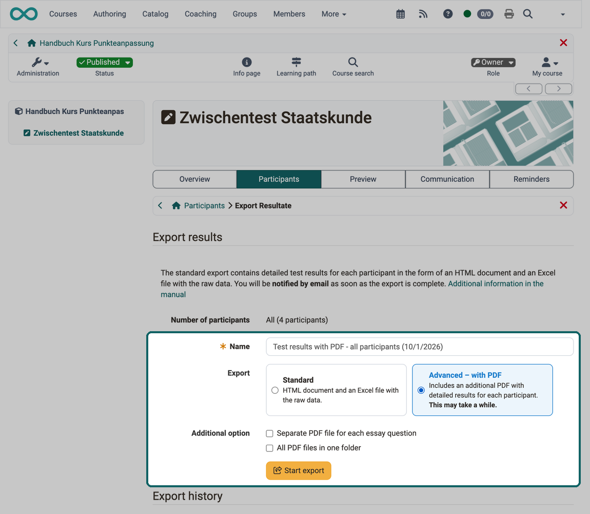 Variant "Advanced – with PDF" selected, below it the Additional option with both checkboxes, marked together with Name and the Start export button