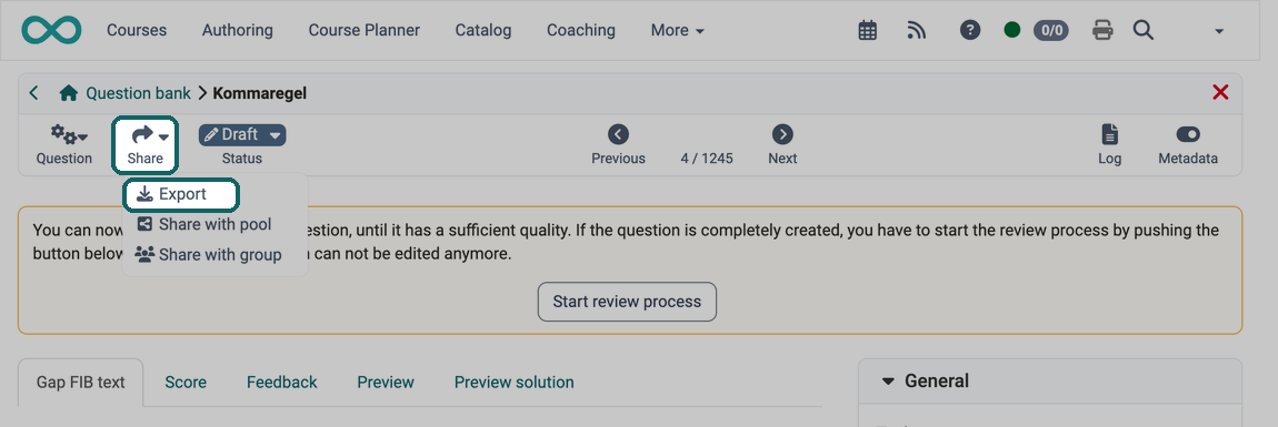 Share icon with the open entry Export marked, which exports the question as a zip file